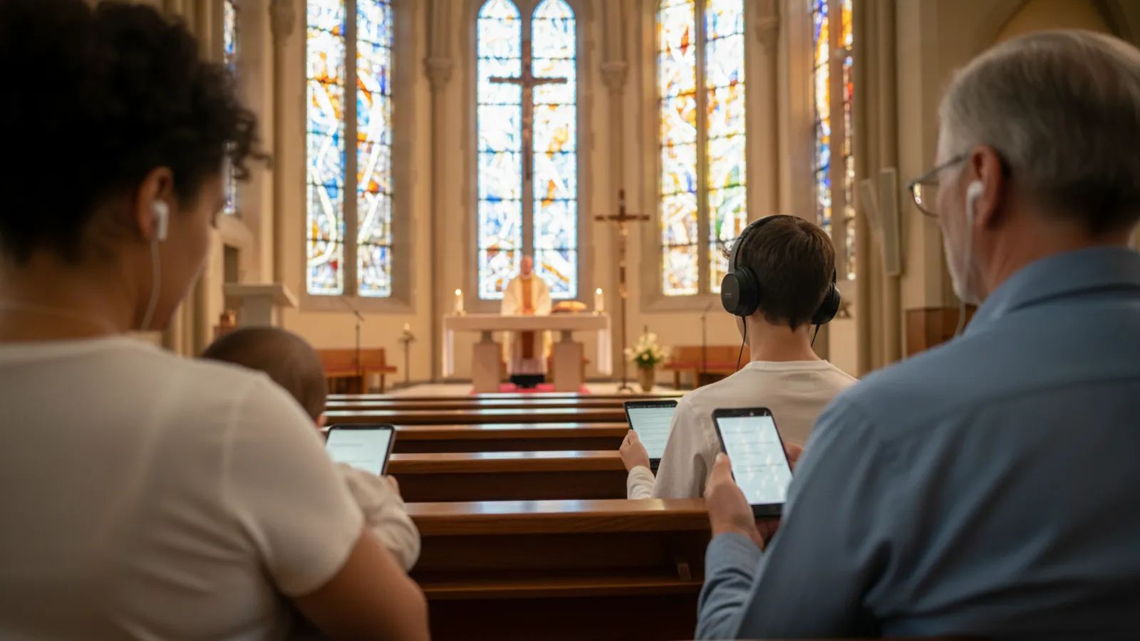 A Catholic church during Mass seen from behind the pews, where a mother, a teenager and an older man follow along on their phones with earphones