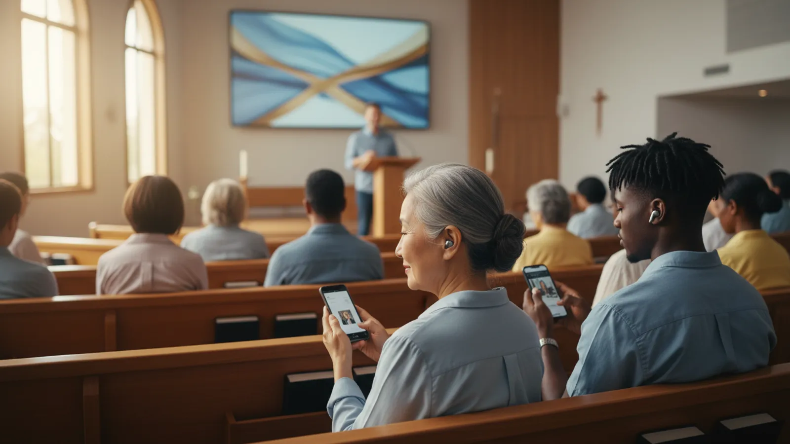 Church members in the pews listening to a translated sermon on their phones with earphones